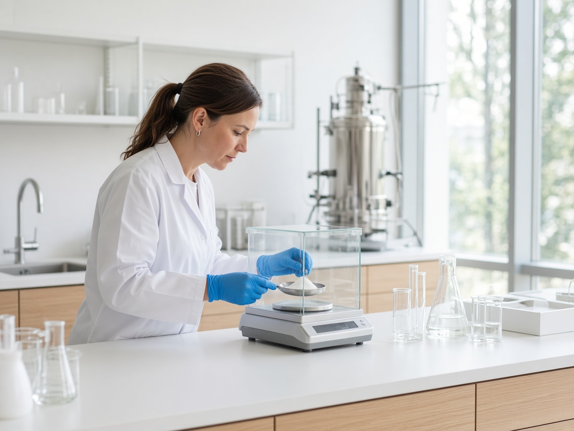 A scientist weighing minerals on a precision scale in a bright Danish lab