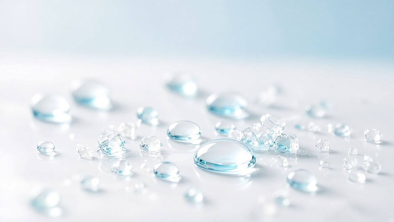 Water droplets and mineral crystals on a white surface