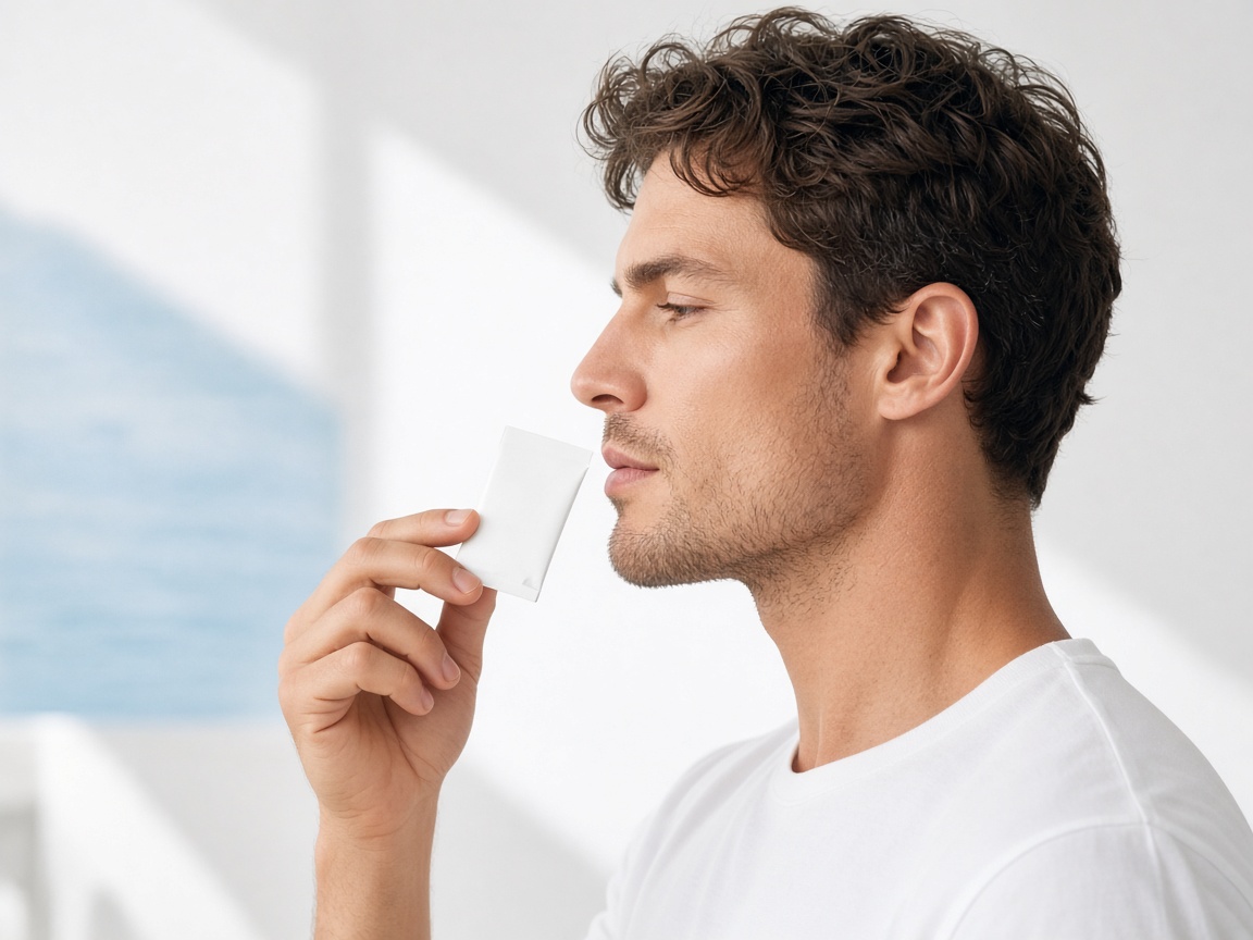 A person holding a MOVO pouch up to their mouth