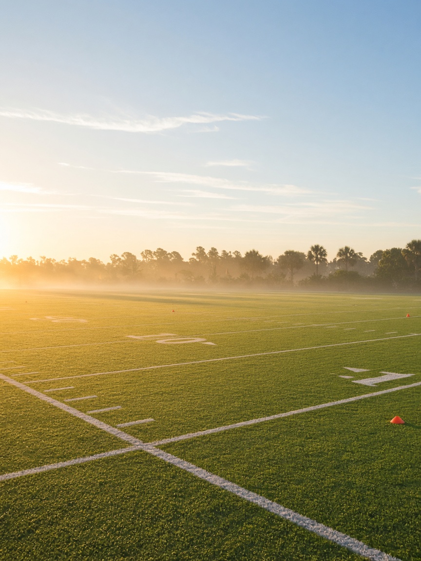 Placeholder: early-morning football field